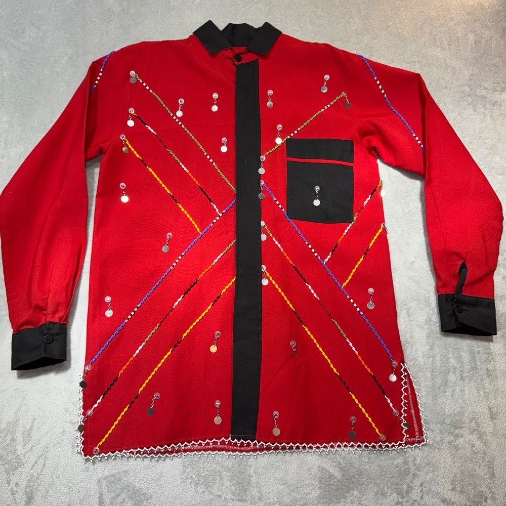 Red Beaded Long Sleeve Shirt Black Contrast Trim Sequin‎ Charms XL Unique Quirky